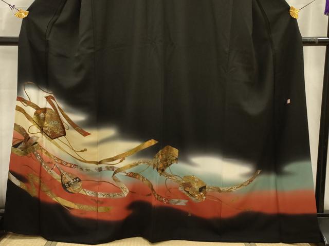 平和屋着物■越後染印傳 根津青宗 黒留袖 鬘帯花文箱文 暈し染め 金銀彩 正絹 逸品 AABK5879sx