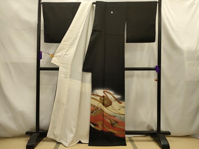 平和屋着物■越後染印傳 根津青宗 黒留袖 鬘帯花文箱文 暈し染め 金銀彩 正絹 逸品 AABK5879sx