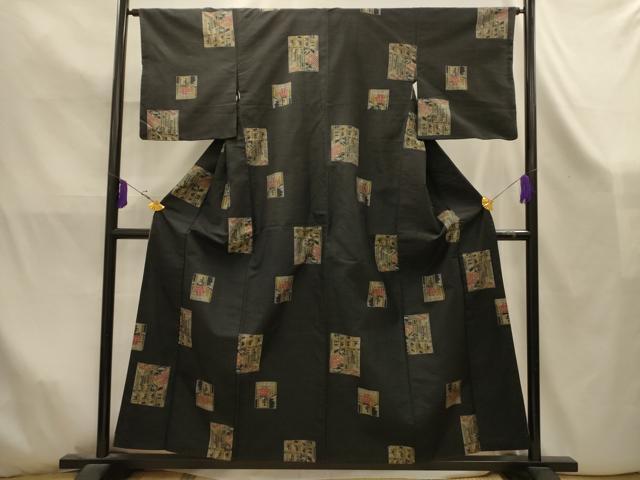 平和屋着物■上質な紬 色紙風景文 黒地 正絹 逸品 AABK5883sx