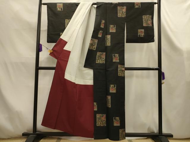 平和屋着物■上質な紬 色紙風景文 黒地 正絹 逸品 AABK5883sx
