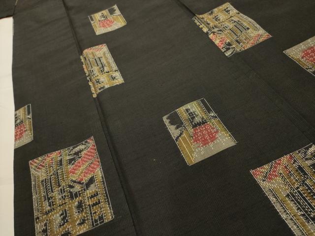 平和屋着物■上質な紬 色紙風景文 黒地 正絹 逸品 AABK5883sx