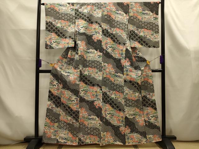 平和屋着物■上質な小紋 型染め 松竹梅吉祥風景文 黒地 正絹 逸品 AABK6010sx