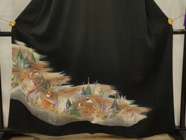 平和屋着物■豪華黒留袖 流水鴛鴦文 暈し染め 金彩 正絹 逸品 AABK6025sx