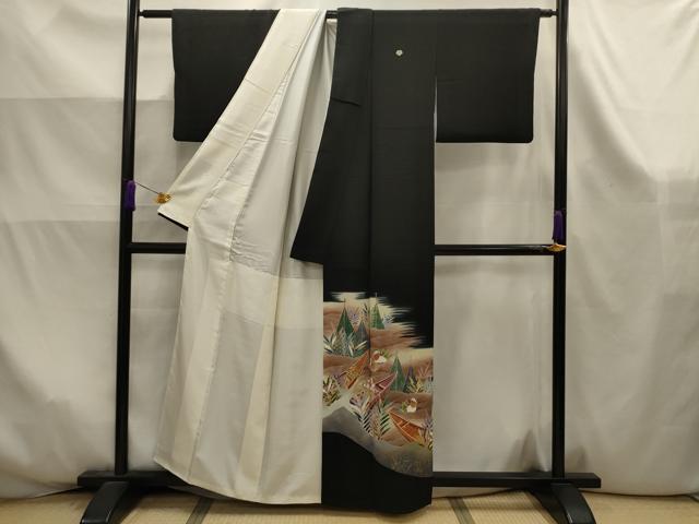 平和屋着物■豪華黒留袖 流水鴛鴦文 暈し染め 金彩 正絹 逸品 AABK6025sx