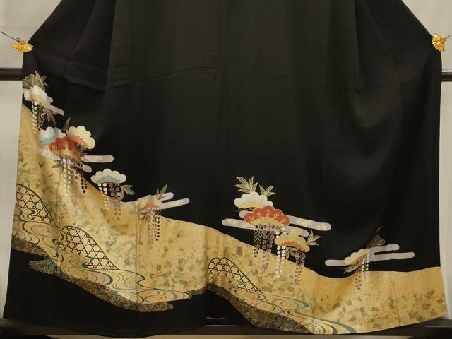 平和屋着物■豪華黒留袖 流水松花文 金銀彩 正絹 逸品 AABK6033sx
