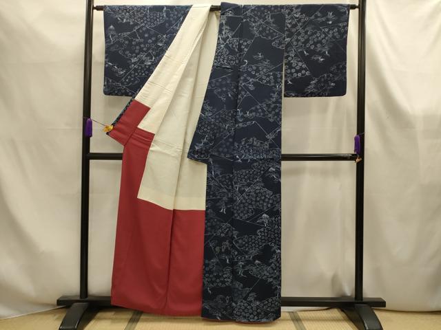 平和屋着物■上質な小紋 藍 裂取り狩猟風景文 正絹 逸品 AABK6123sx