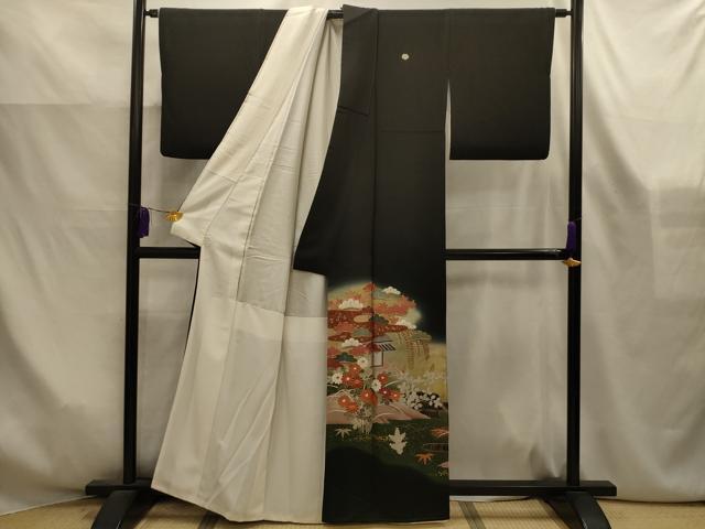 平和屋着物■豪華黒留袖 駒刺繍 松竹梅風景文 暈し染め 金彩 正絹 逸品 AABK6159sx