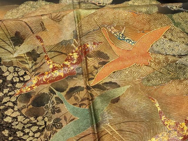 平和屋着物■豪華黒留袖 作家物 駒刺繍 飛鶴浜松文 金銀彩 正絹 逸品 AABK6161sx