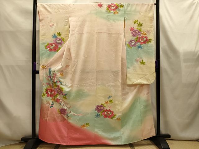平和屋着物■豪華振袖 駒刺繍 束ね熨斗流水花文 暈し染め 金彩 正絹 逸品 AABK6174sx