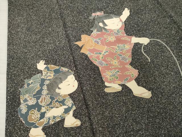 平和屋着物●十日町友禅作家 関口遼一 訪問着 童子 たたき染め 黒地 正絹 逸品 AABK6202ck