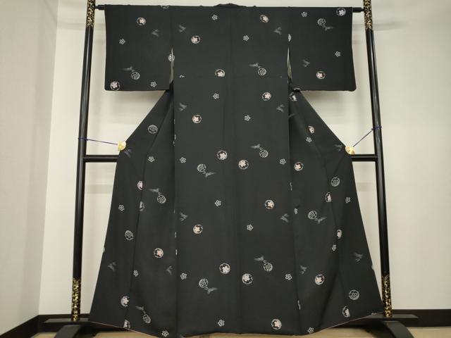 平和屋着物●上質な小紋 雪輪兎花文 黒地 正絹 逸品 AABK6204ck