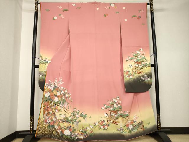 平和屋着物●豪華振袖 駒刺繍 御所車飛鶴花文 暈し染め 金彩 正絹 逸品 AABK6205ck