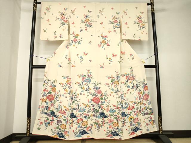 平和屋着物●訪問着 型染め 花鳥文 鬼しぼ縮緬 正絹 逸品 AABK6210ck
