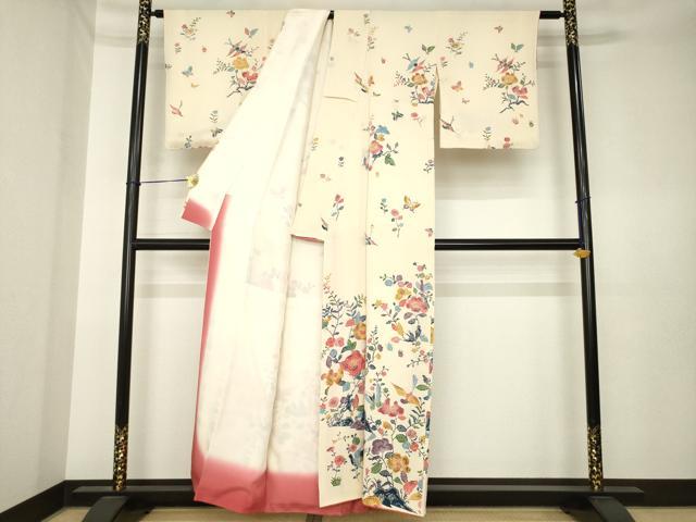 平和屋着物●訪問着 型染め 花鳥文 鬼しぼ縮緬 正絹 逸品 AABK6210ck