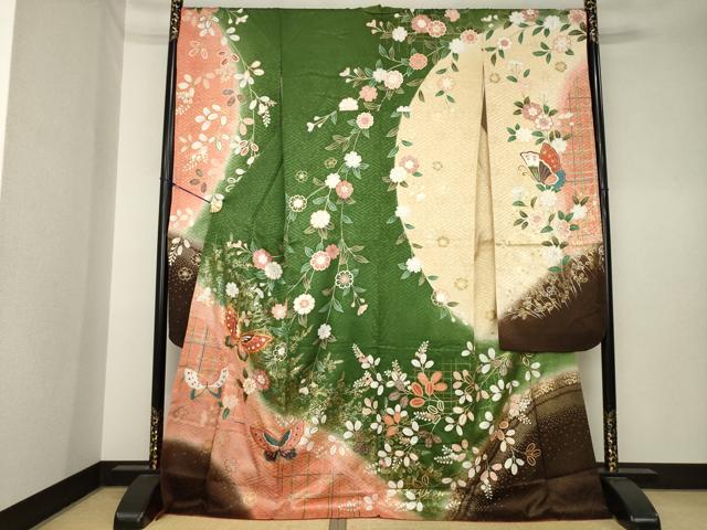 平和屋着物●豪華振袖 駒刺繍 花蝶文 暈し染め 金彩 ロング丈 正絹 逸品 AABK6227ck