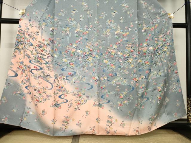 平和屋着物●訪問着 型染め 流水風景文 暈し染め 正絹 逸品 AABK6231ck