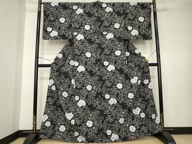 平和屋着物●小紋 草花文 黒地 洗える着物 AABK6234ck