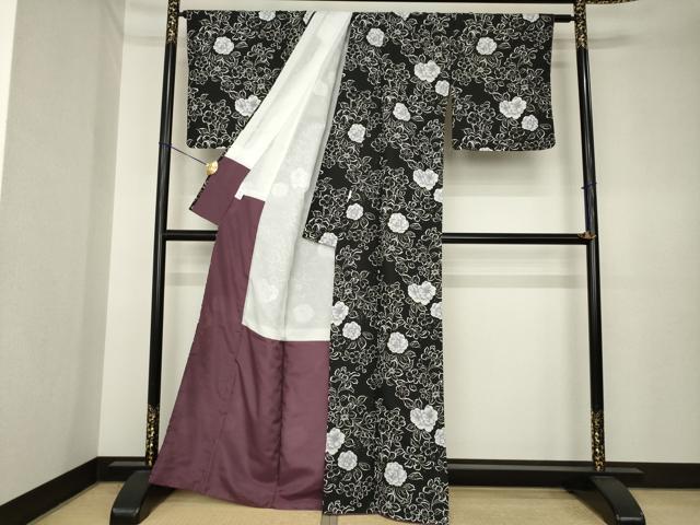 平和屋着物●小紋 草花文 黒地 洗える着物 AABK6234ck