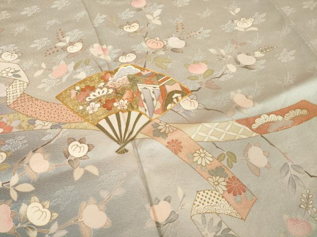 平和屋着物●訪問着 駒刺繍 扇面吉祥花文 暈し染め 金彩 鈴乃屋扱い 正絹 逸品 AABK6249ck