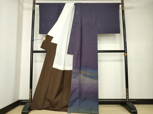 平和屋着物●伝統工芸士 曽根武勇 色留訪問着 紬地 遠山霞文 ロング丈 正絹 逸品 AABK6257ck
