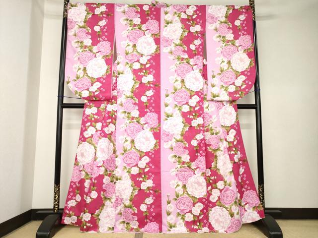 平和屋着物●小振袖 二尺袖 草花文 金彩 洗える着物 AABK6258ck