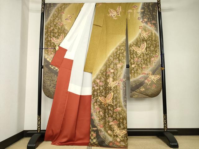 平和屋着物●豪華振袖 駒刺繍 花蝶文 暈し染め 金彩 正絹 逸品 AABK6276ck