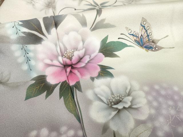 平和屋着物●訪問着 手描き 花蝶文 暈し染め 金銀彩 正絹 逸品 未使用 AABK6281ck