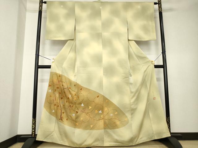 平和屋着物●人間国宝 福田喜三郎 色留袖 刺繍 枝葉文 暈し染め 金彩 正絹 逸品 AABK6284ck