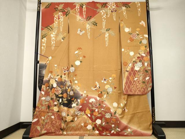 平和屋着物●豪華振袖 駒刺繍 花蝶籬文 暈し染め 金彩 ロング丈 正絹 逸品 AABK6291ck