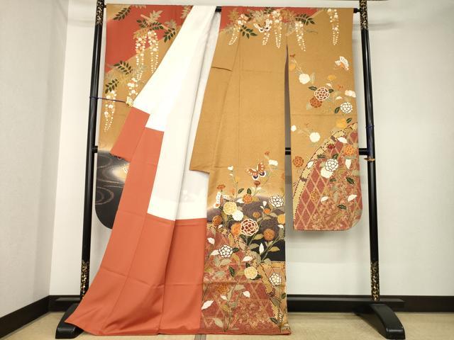 平和屋着物●豪華振袖 駒刺繍 花蝶籬文 暈し染め 金彩 ロング丈 正絹 逸品 AABK6291ck