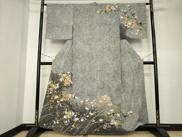 平和屋着物●訪問着 地紙花文 たたき染め 黒地 金彩 正絹 逸品 AABK6292ck