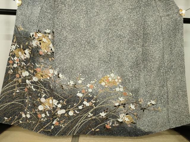 平和屋着物●訪問着 地紙花文 たたき染め 黒地 金彩 正絹 逸品 AABK6292ck