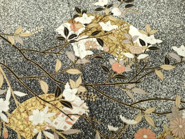 平和屋着物●訪問着 地紙花文 たたき染め 黒地 金彩 正絹 逸品 AABK6292ck