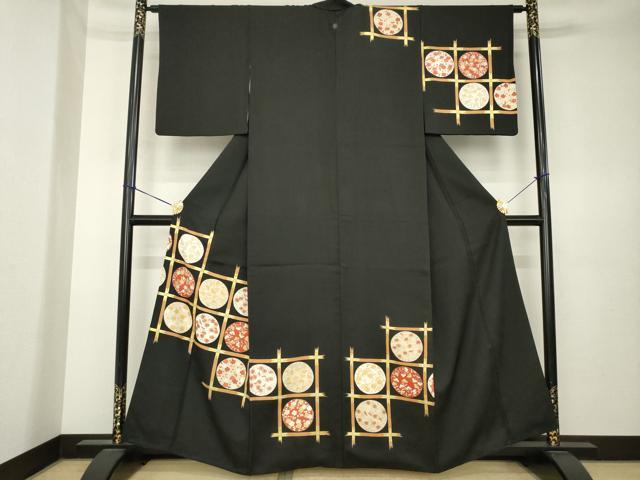 平和屋着物●訪問着 花丸天井文 黒地 金彩 正絹 逸品 AABK6304ck