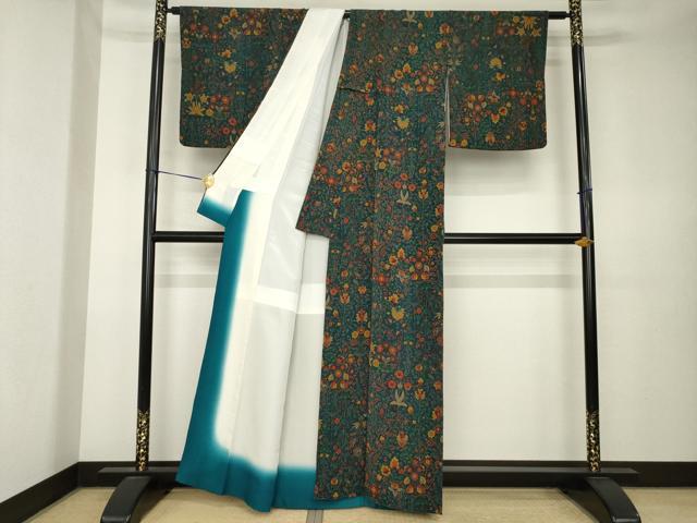 平和屋着物●上質な小紋 更紗花文 鬼しぼ縮緬 正絹 逸品 AABK6308ck