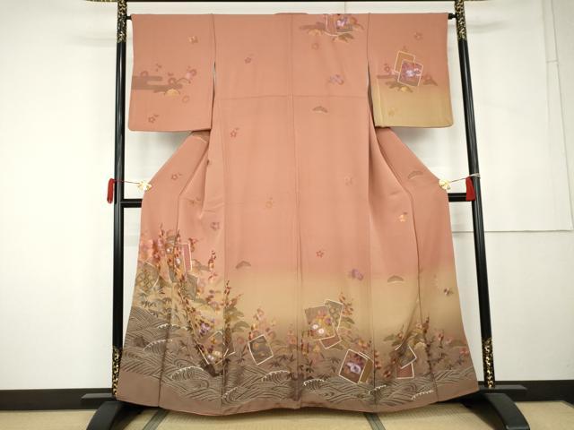 平和屋着物●中国三大刺繍 汕頭刺繍 スワトウ刺繍 翠山刺繍 総刺繍 訪問着 色紙重ね立波松竹梅文 暈し染め 銀糸 正絹 逸品 AABK6395cs