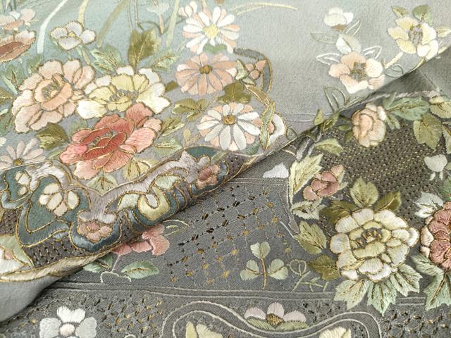 平和屋着物●中国三大刺繍 スワトウ刺繍 汕頭刺繍 蘇州刺繍 訪問着 花丸文 暈し染め 金銀糸 正絹 逸品 未使用 AABK6396cs