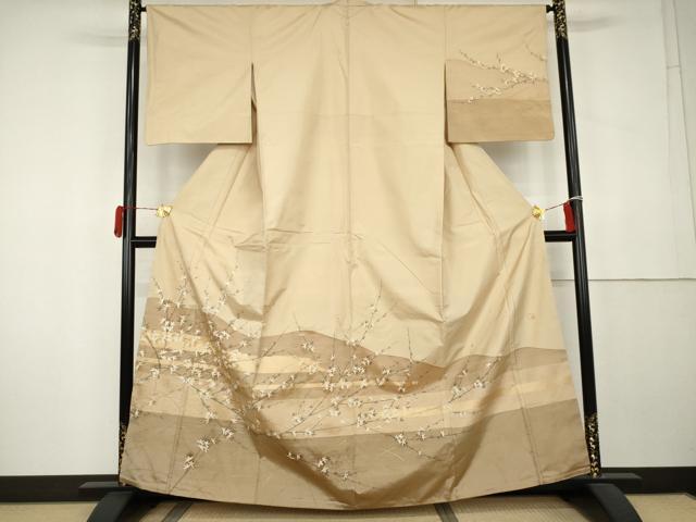 平和屋着物●染色作家 長谷川忠義 訪問着 紬地 すくい織 芝に枝花文 金彩 正絹 逸品 AABK6397cs
