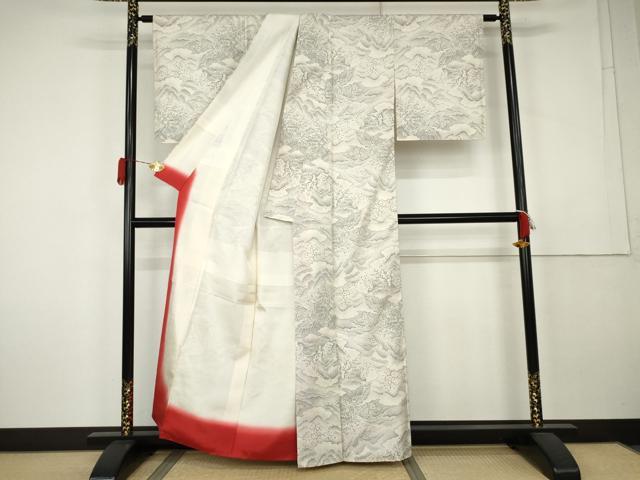 平和屋着物●本場大島紬 白大島 9マルキ 重ね山風景文 正絹 逸品 AABK6400cs
