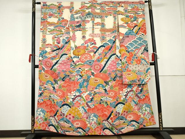 平和屋着物●紅型 振袖 重ね山飛鳥草花文 鬼しぼ縮緬 正絹 逸品 AABK6402cs