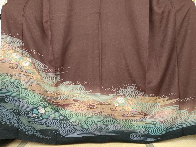 平和屋着物●訪問着 辻が花 絞り 流水花文 暈し染め 金通し地 正絹 逸品 AABK6406cs