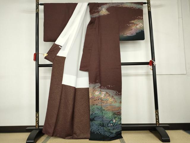 平和屋着物●訪問着 辻が花 絞り 流水花文 暈し染め 金通し地 正絹 逸品 AABK6406cs