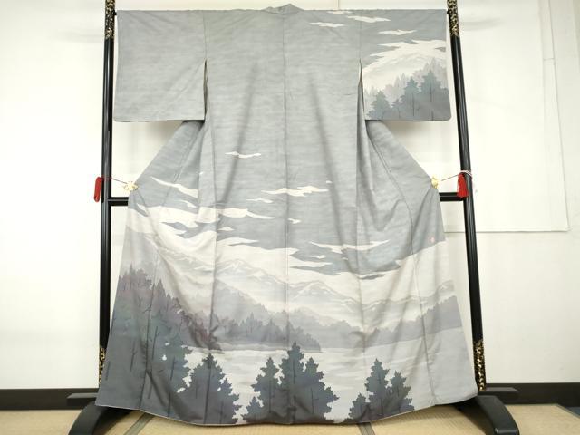 平和屋着物●石川県指定無形文化財 牛首紬 白山工房 手織り 訪問着 遠山樹林風景文 正絹 逸品 AABK6415cs