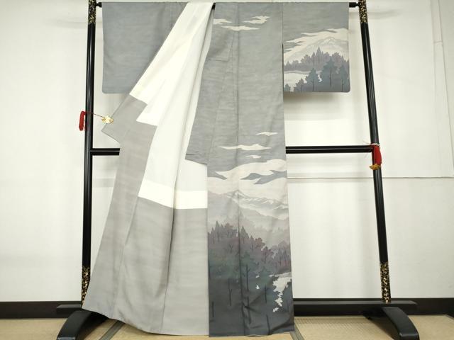 平和屋着物●石川県指定無形文化財 牛首紬 白山工房 手織り 訪問着 遠山樹林風景文 正絹 逸品 AABK6415cs