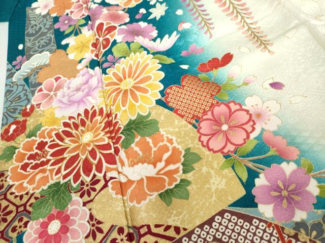 平和屋着物●豪華振袖 駒刺繍 束ね熨斗吉祥草花文 暈し染め 金彩 銀通し地 正絹 逸品 AABK6418cs