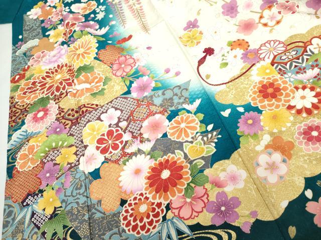 平和屋着物●豪華振袖 駒刺繍 束ね熨斗吉祥草花文 暈し染め 金彩 銀通し地 正絹 逸品 AABK6418cs