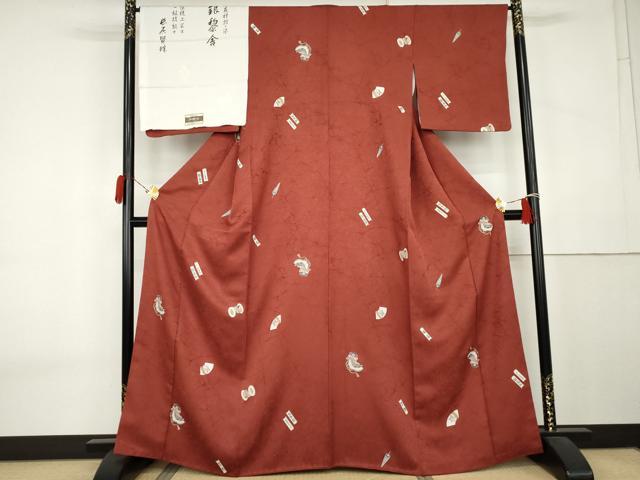 平和屋着物●摺り友禅の第1人者 伝統工芸士 長居賢珠 小紋 番傘 鼓 隈取 金彩 反端付き 正絹 逸品 AABK6432cs
