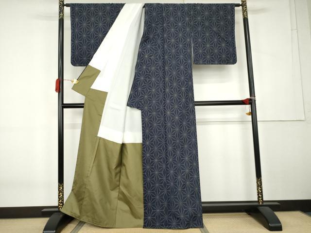 平和屋着物●上質な紬 麻の葉文様 正絹 逸品 未使用 AABK6440cs