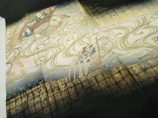 平和屋着物●豪華黒留袖 作家物 寿光織 能楽琳派 流水飛鶴扇面花文 金糸 正絹 逸品 AABK6446cs
