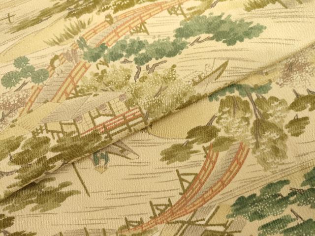 平和屋着物●上質な小紋 手描き 渡り橋人物風景文 正絹 逸品 AABK6455cs
